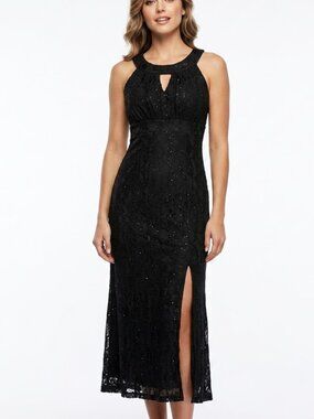 SWEET STORM Gothic Glitter Lace Maxi Dress Black Halter Side Slit Size Small